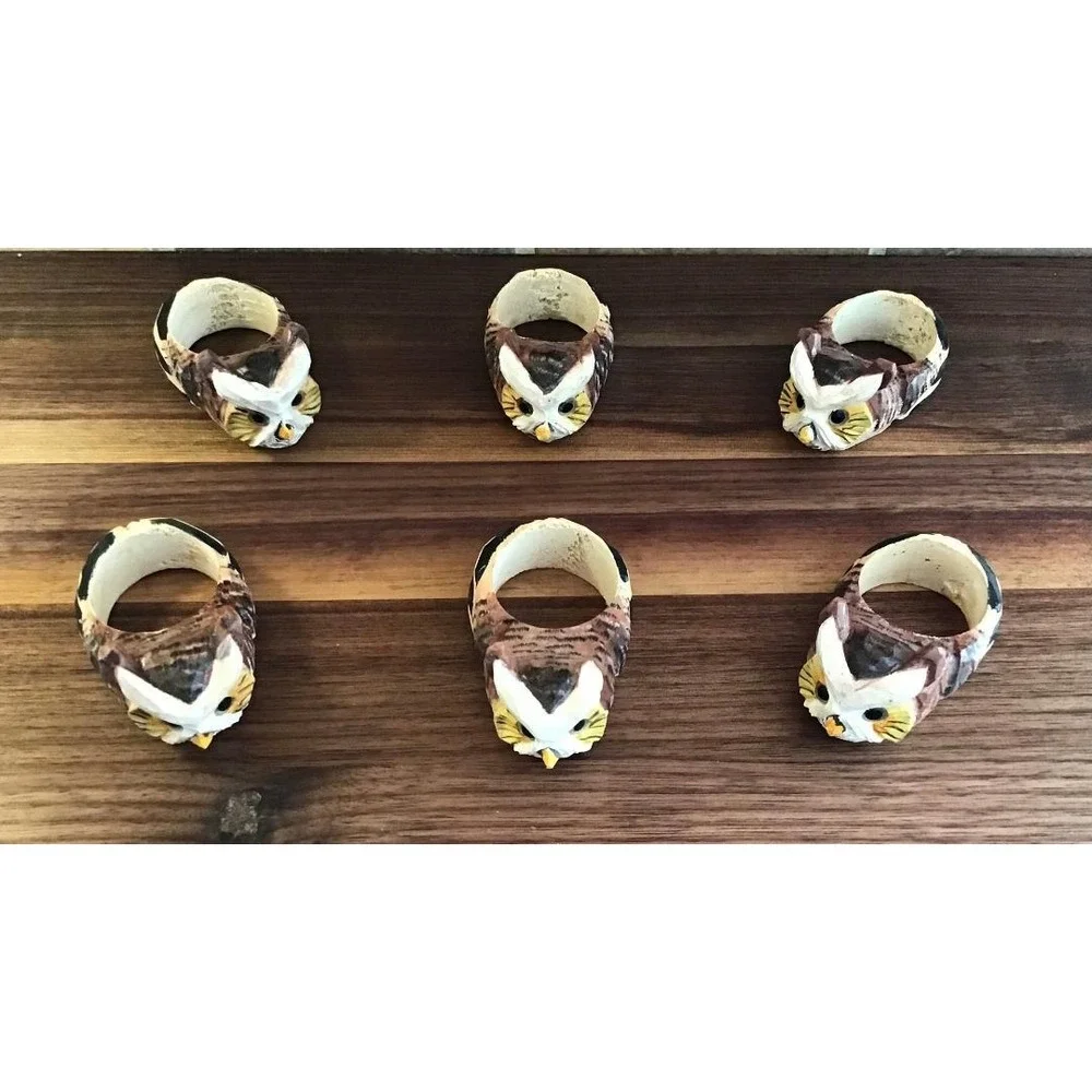 Hand Carved Wood Owl Napkin Rings Set of 6 Rustic Cabin Cottagecore Boho Indie‎